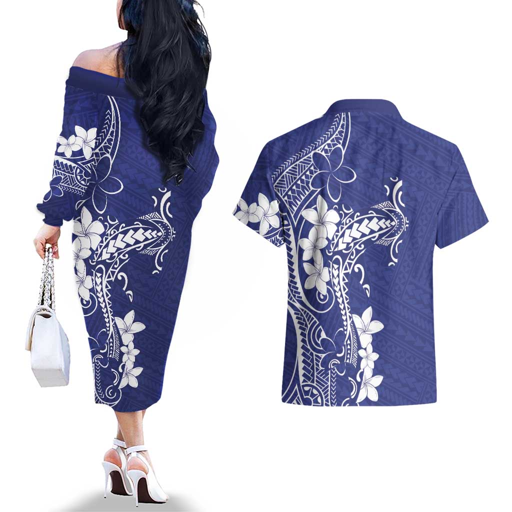 Blue Hawaii Couples Matching Off The Shoulder Long Sleeve Dress and Hawaiian Shirt Hammerhead Shark Tattoo Curve Polynesian - Polynesian Pride
