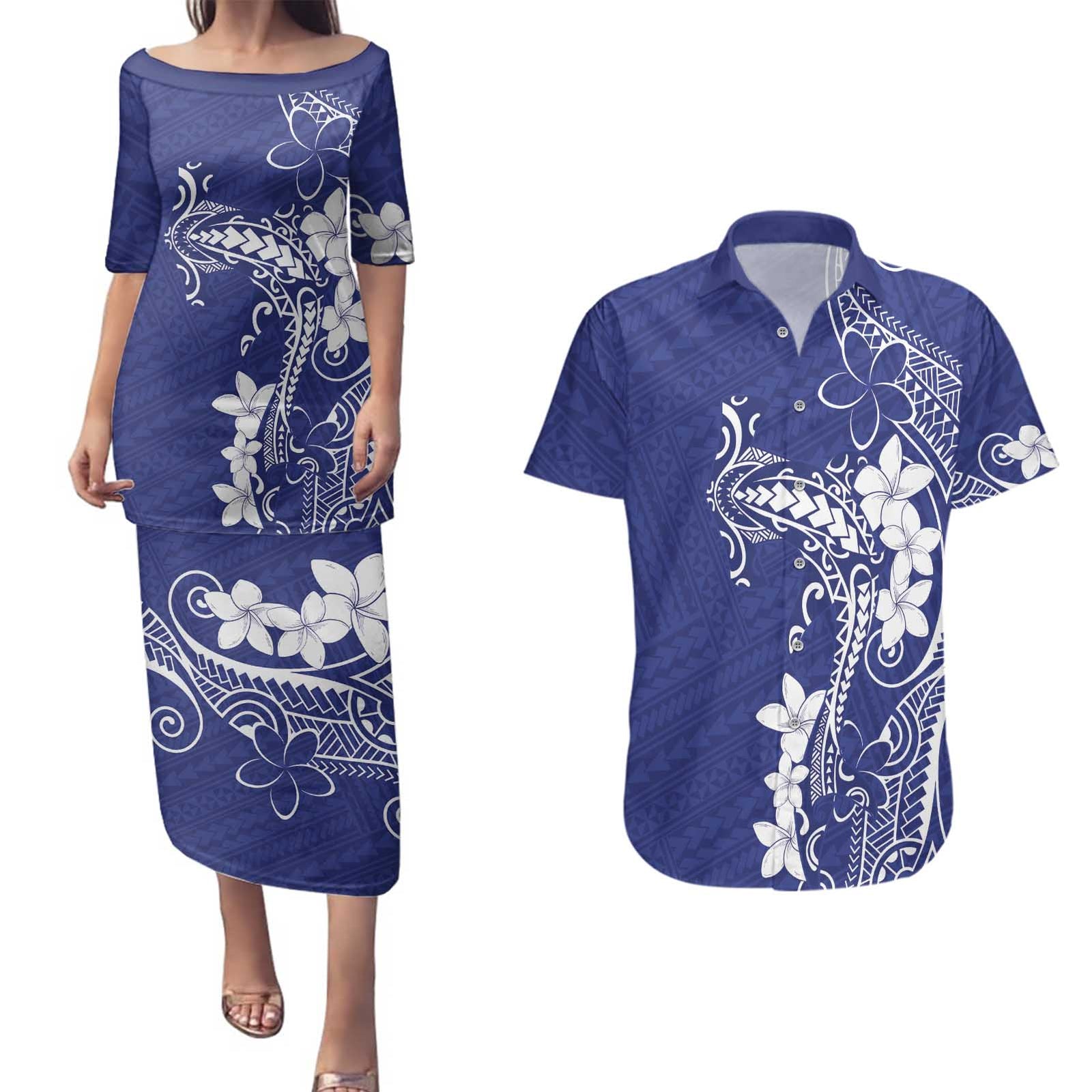 Blue Hawaii Couples Matching Puletasi and Hawaiian Shirt Hammerhead Shark Tattoo Curve Polynesian LT14 Blue - Polynesian Pride