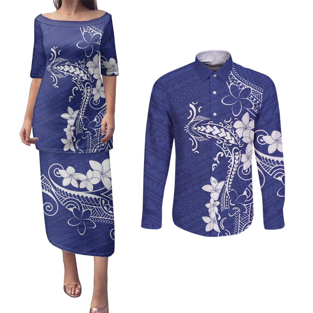 Blue Hawaii Couples Matching Puletasi and Long Sleeve Button Shirt Hammerhead Shark Tattoo Curve Polynesian LT14 Blue - Polynesian Pride