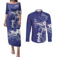 Blue Hawaii Couples Matching Puletasi and Long Sleeve Button Shirt Hammerhead Shark Tattoo Curve Polynesian - Polynesian Pride