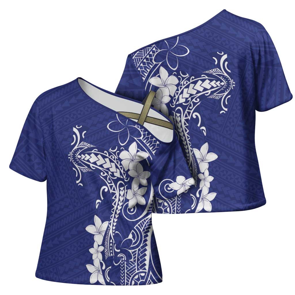 Blue Hawaii Cross Shoulder Shirt Hammerhead Shark Tattoo Curve Polynesian LT14 - Polynesian Pride
