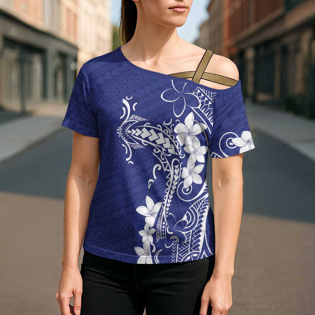 Blue Hawaii Cross Shoulder Shirt Hammerhead Shark Tattoo Curve Polynesian LT14 - Polynesian Pride