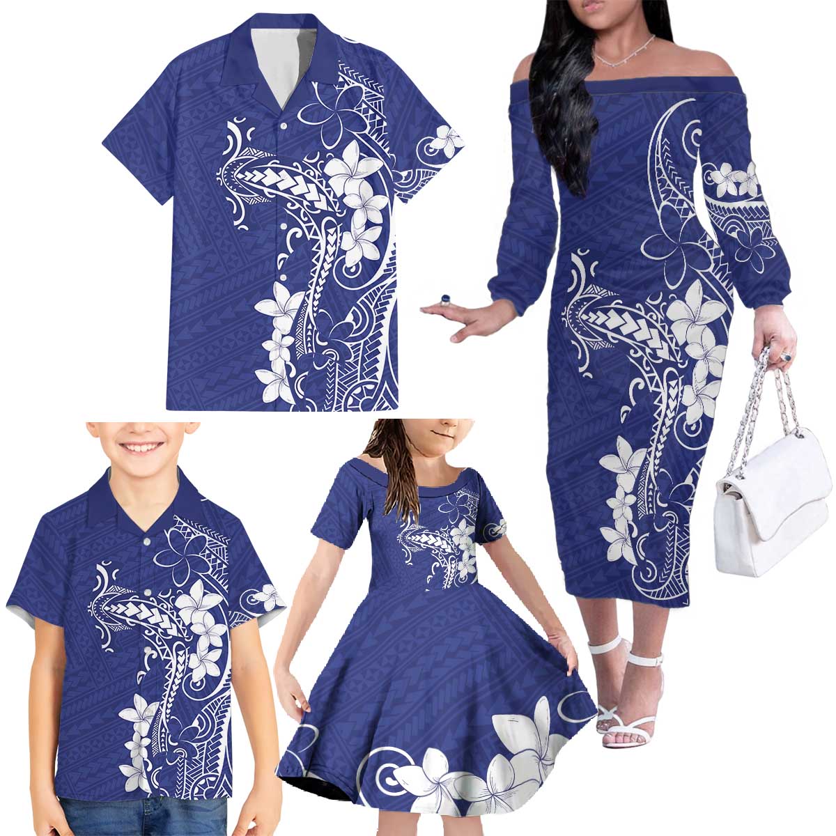 Blue Hawaii Family Matching Off The Shoulder Long Sleeve Dress and Hawaiian Shirt Hammerhead Shark Tattoo Curve Polynesian - Polynesian Pride