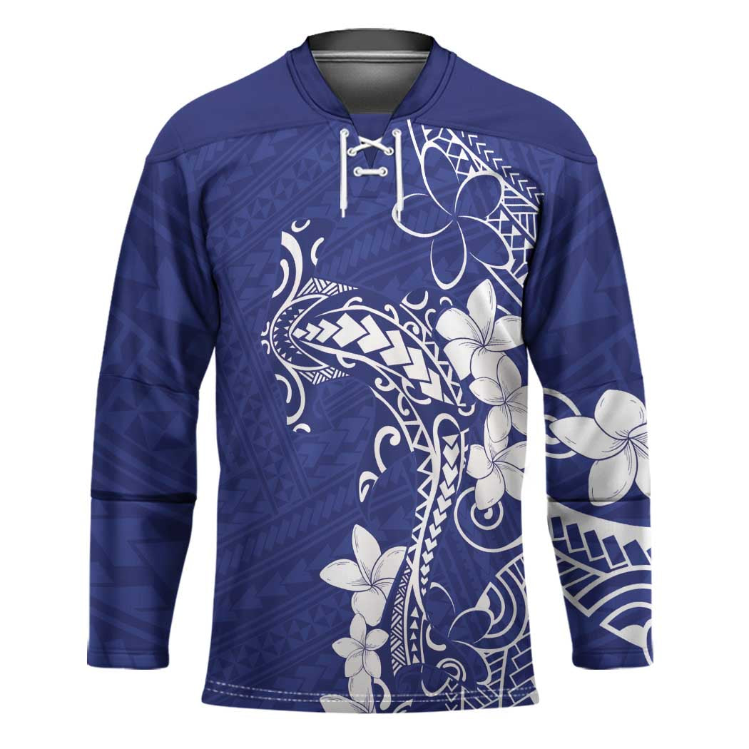 Blue Hawaii Hockey Jersey Hammerhead Shark Tattoo Curve Polynesian - Polynesian Pride