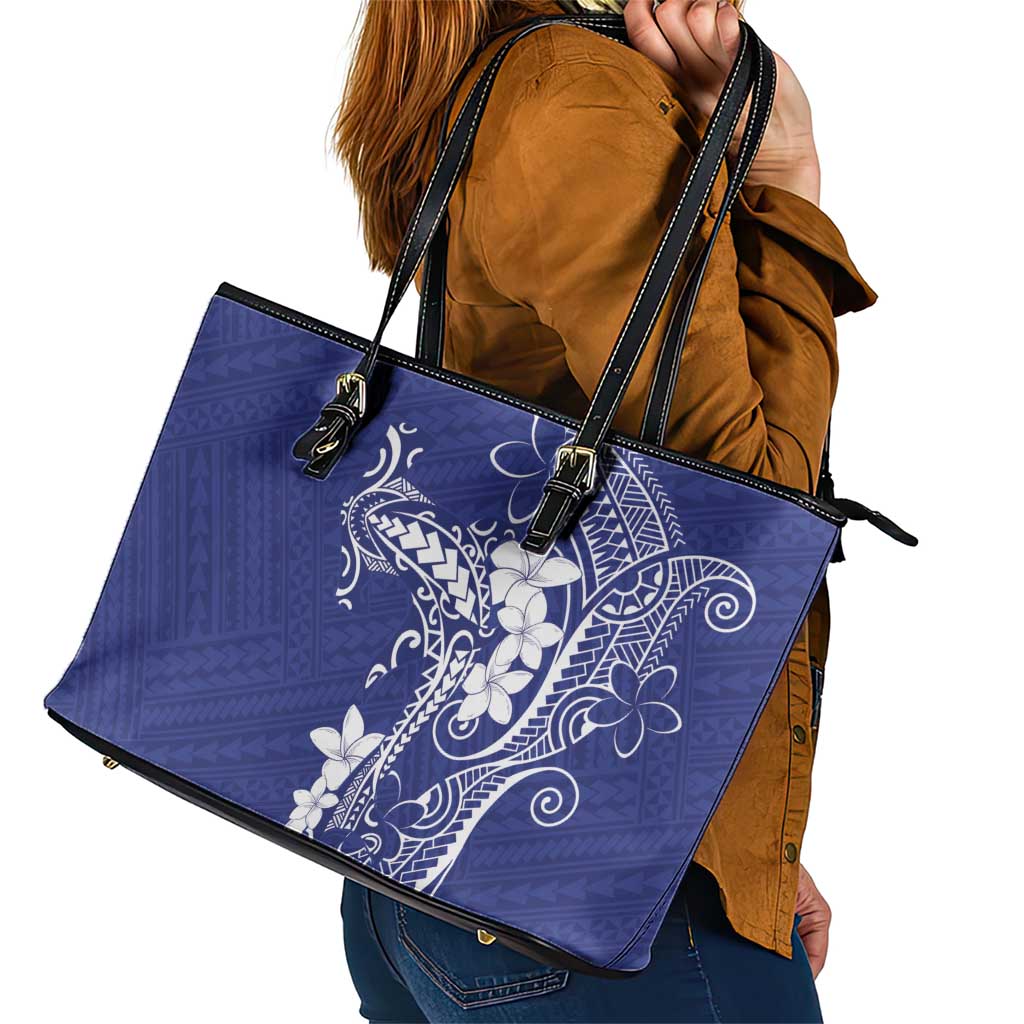 Blue Hawaii Leather Tote Bag Hammerhead Shark Tattoo Curve Polynesian - Polynesian Pride