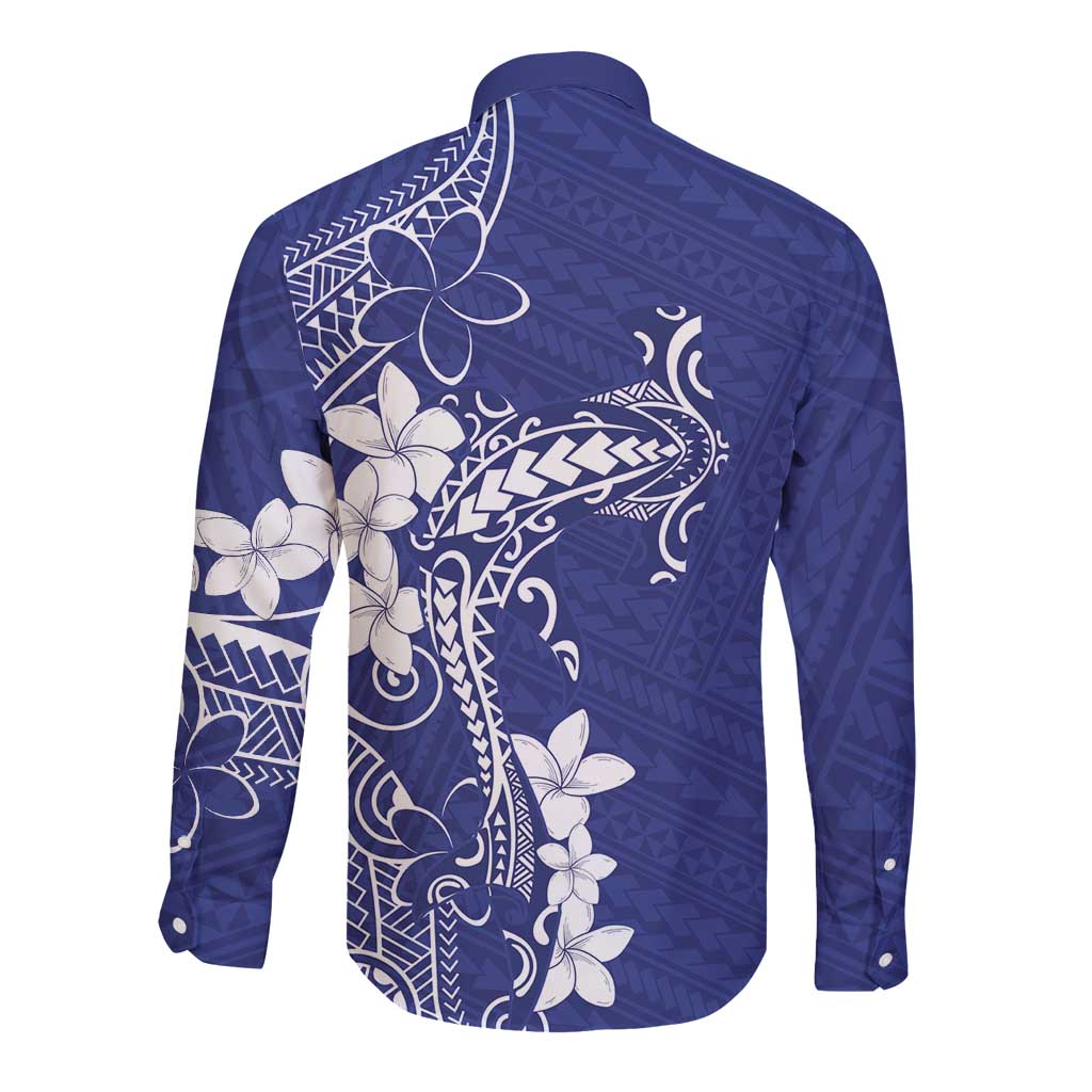 Blue Hawaii Long Sleeve Button Shirt Hammerhead Shark Tattoo Curve Polynesian LT14 - Polynesian Pride