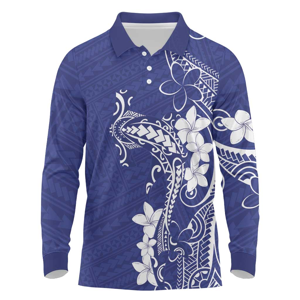 Blue Hawaii Long Sleeve Polo Shirt Hammerhead Shark Tattoo Curve Polynesian LT14 Blue - Polynesian Pride