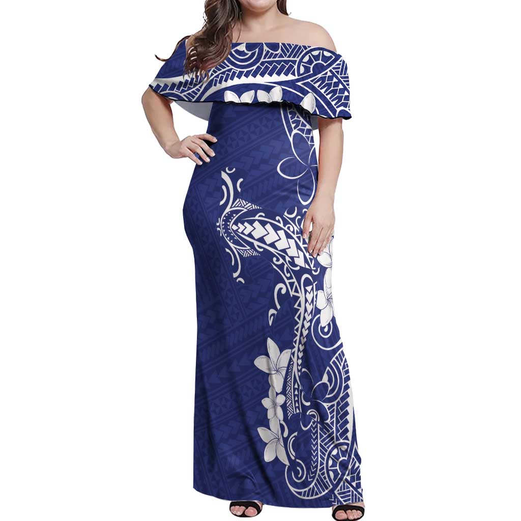 Blue Hawaii Off Shoulder Maxi Dress Hammerhead Shark Tattoo Curve Polynesian - Polynesian Pride