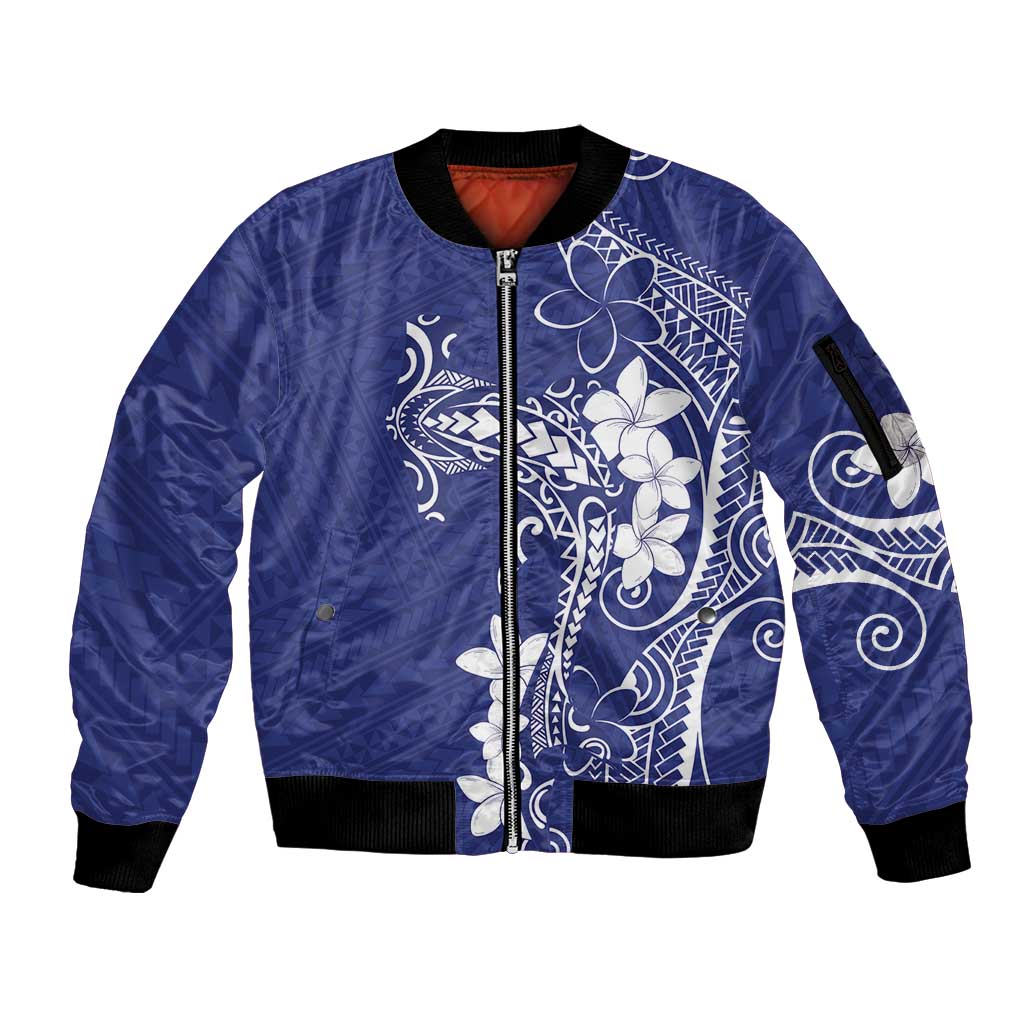 Blue Hawaii Sleeve Zip Bomber Jacket Hammerhead Shark Tattoo Curve Polynesian - Polynesian Pride