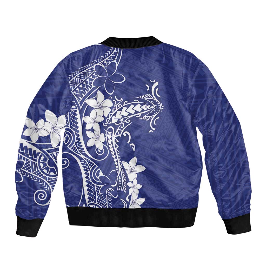 Blue Hawaii Sleeve Zip Bomber Jacket Hammerhead Shark Tattoo Curve Polynesian - Polynesian Pride