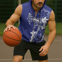 Blue Hawaii Sleeveless Zip Hoodie Hammerhead Shark Tattoo Curve Polynesian - Polynesian Pride