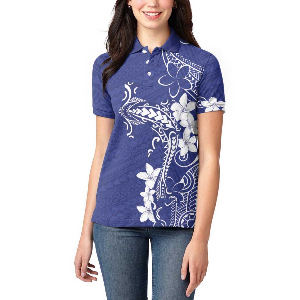Blue Hawaii Women Polo Shirt Hammerhead Shark Tattoo Curve Polynesian - Polynesian Pride