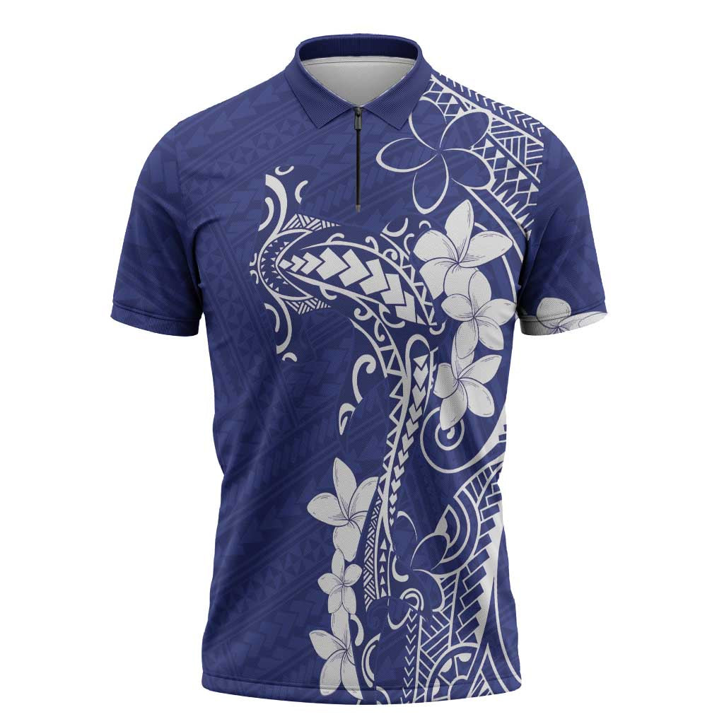 Blue Hawaii Zipper Polo Shirt Hammerhead Shark Tattoo Curve Polynesian LT14 Blue - Polynesian Pride