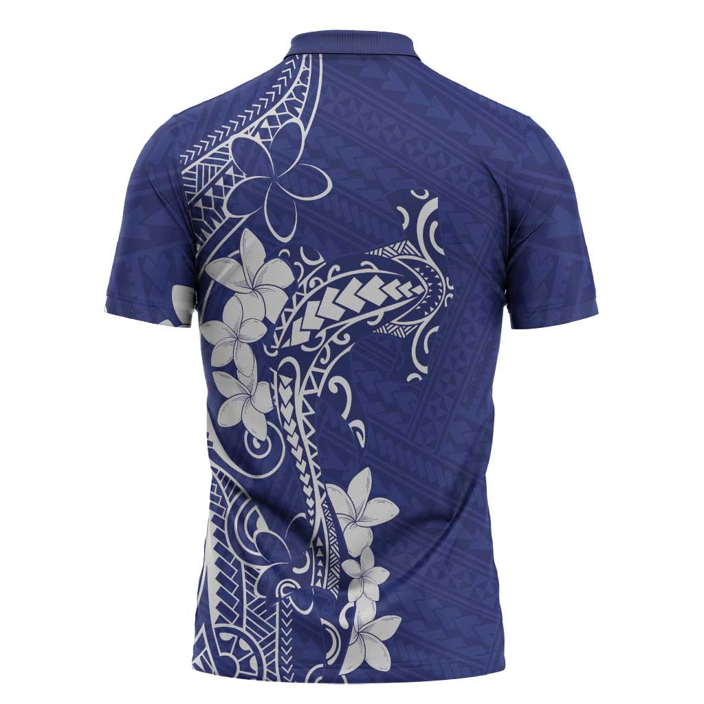 Blue Hawaii Zipper Polo Shirt Hammerhead Shark Tattoo Curve Polynesian LT14 - Polynesian Pride