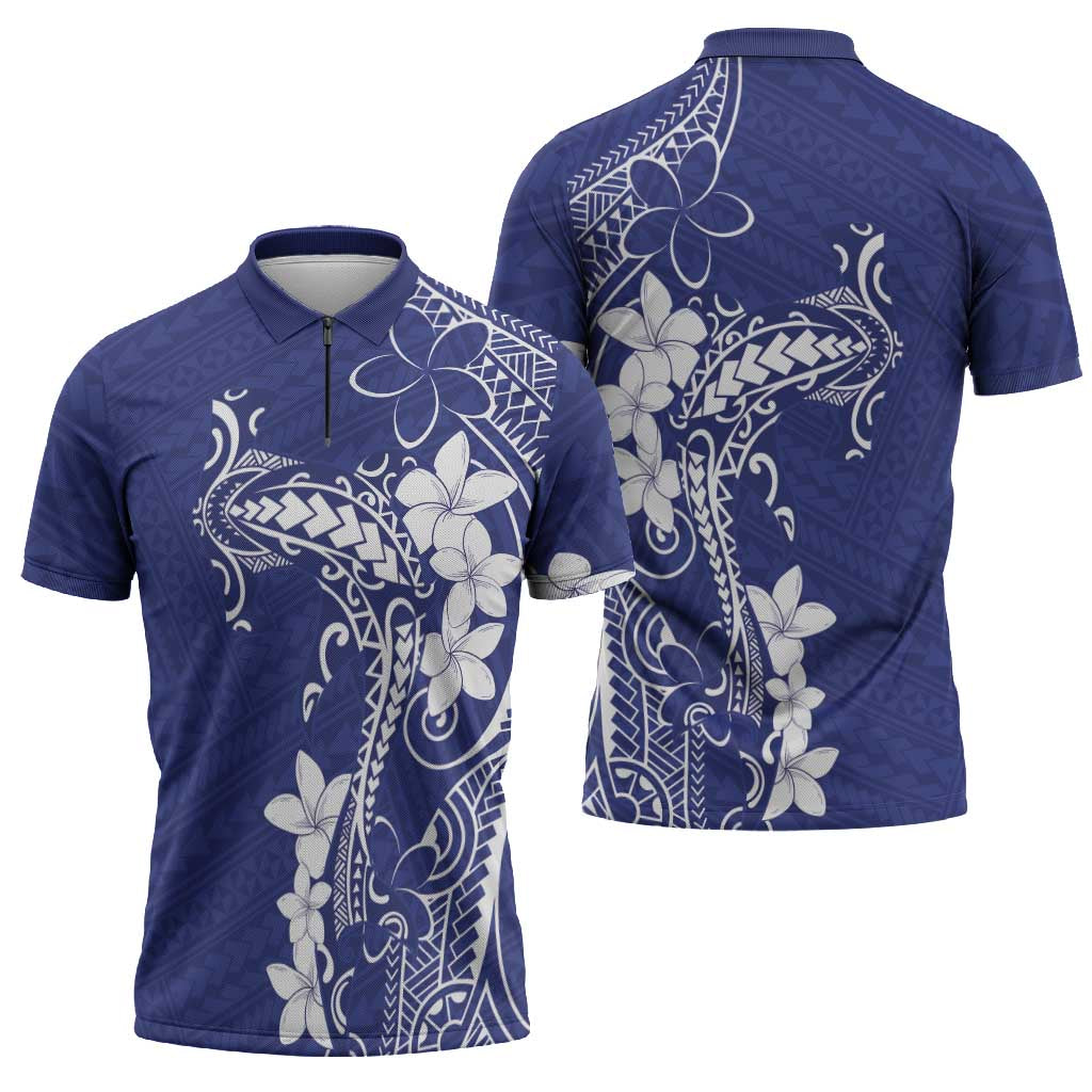 Blue Hawaii Zipper Polo Shirt Hammerhead Shark Tattoo Curve Polynesian LT14 - Polynesian Pride