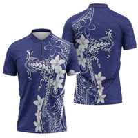 Blue Hawaii Zipper Polo Shirt Hammerhead Shark Tattoo Curve Polynesian LT14 - Polynesian Pride