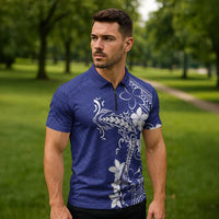 Blue Hawaii Zipper Polo Shirt Hammerhead Shark Tattoo Curve Polynesian LT14 - Polynesian Pride