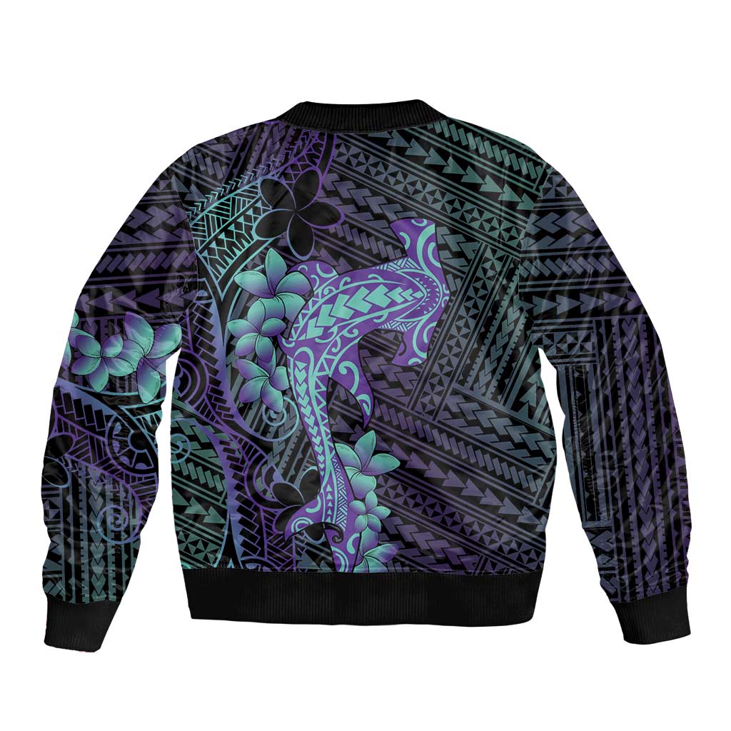 Purple Paradise Hawaii Bomber Jacket Hammerhead Shark Tattoo Curve Polynesian - Polynesian Pride