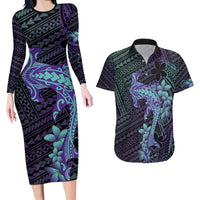 Purple Paradise Hawaii Couples Matching Long Sleeve Bodycon Dress and Hawaiian Shirt Hammerhead Shark Tattoo Curve Polynesian - Polynesian Pride