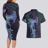 Purple Paradise Hawaii Couples Matching Long Sleeve Bodycon Dress and Hawaiian Shirt Hammerhead Shark Tattoo Curve Polynesian - Polynesian Pride