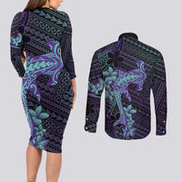 Purple Paradise Hawaii Couples Matching Long Sleeve Bodycon Dress and Long Sleeve Button Shirt Hammerhead Shark Tattoo Curve Polynesian - Polynesian Pride
