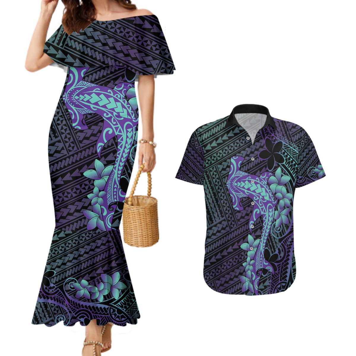 Purple Paradise Hawaii Couples Matching Mermaid Dress and Hawaiian Shirt Hammerhead Shark Tattoo Curve Polynesian - Polynesian Pride