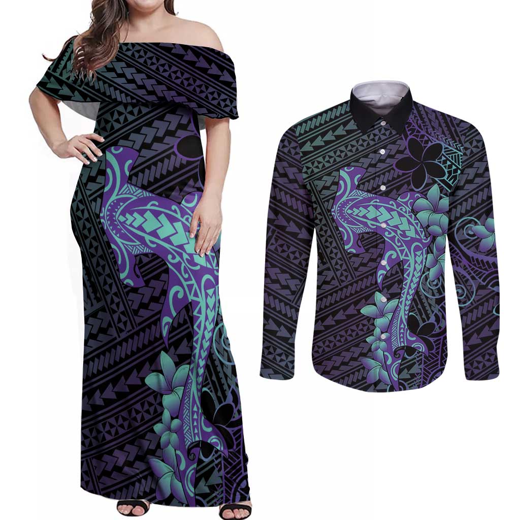Purple Paradise Hawaii Couples Matching Off Shoulder Maxi Dress and Long Sleeve Button Shirt Hammerhead Shark Tattoo Curve Polynesian - Polynesian Pride