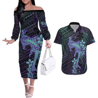 Purple Paradise Hawaii Couples Matching Off The Shoulder Long Sleeve Dress and Hawaiian Shirt Hammerhead Shark Tattoo Curve Polynesian - Polynesian Pride