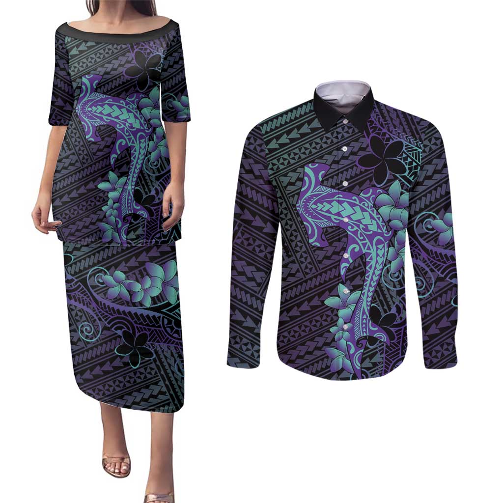 Purple Paradise Hawaii Couples Matching Puletasi and Long Sleeve Button Shirt Hammerhead Shark Tattoo Curve Polynesian - Polynesian Pride