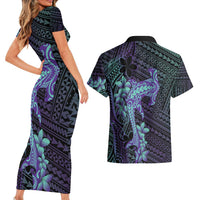 Purple Paradise Hawaii Couples Matching Short Sleeve Bodycon Dress and Hawaiian Shirt Hammerhead Shark Tattoo Curve Polynesian - Polynesian Pride
