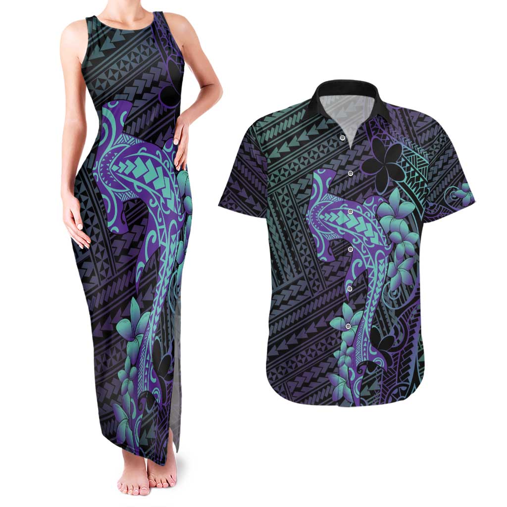 Purple Paradise Hawaii Couples Matching Tank Maxi Dress and Hawaiian Shirt Hammerhead Shark Tattoo Curve Polynesian - Polynesian Pride