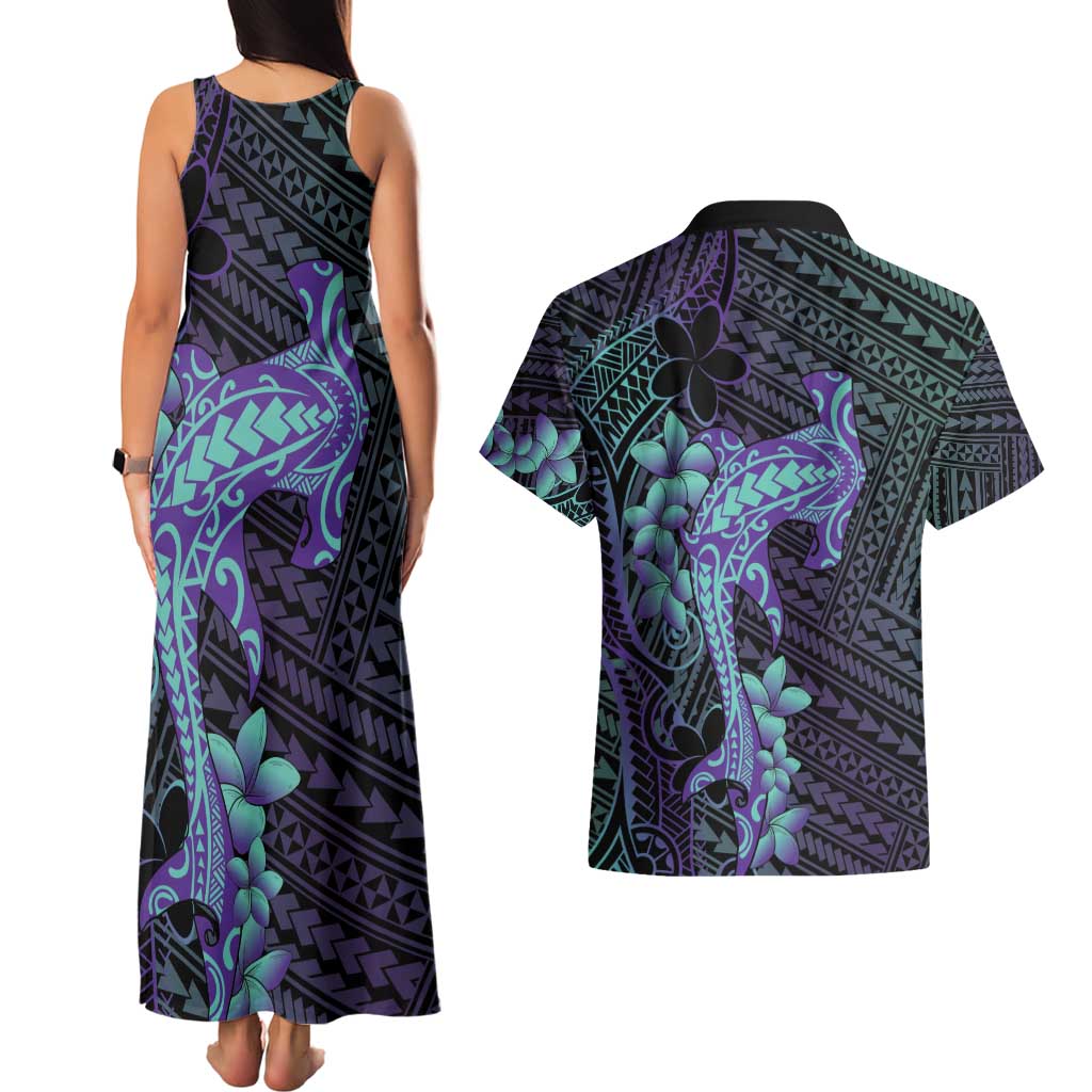 Purple Paradise Hawaii Couples Matching Tank Maxi Dress and Hawaiian Shirt Hammerhead Shark Tattoo Curve Polynesian - Polynesian Pride