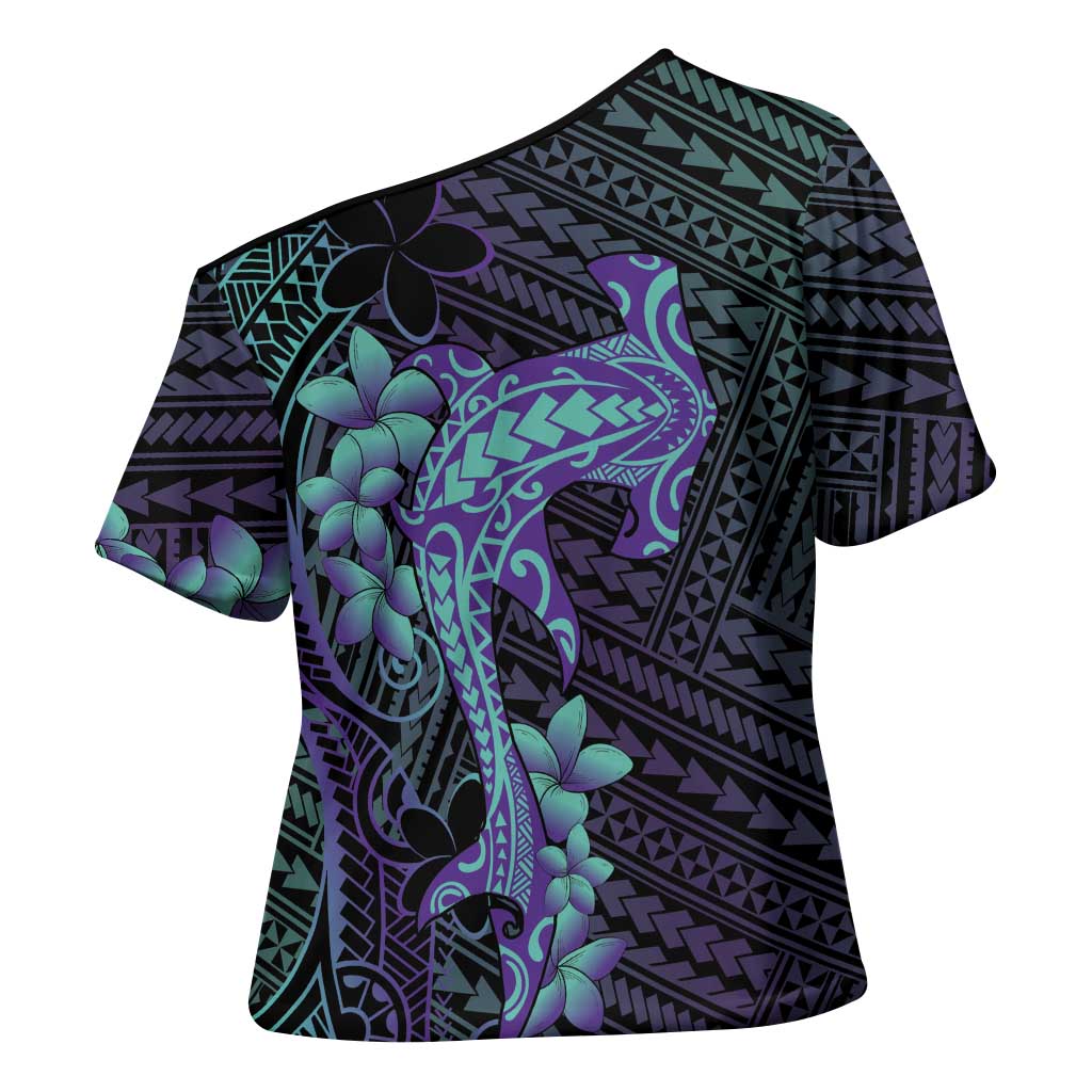 Purple Paradise Hawaii Cross Shoulder Shirt Hammerhead Shark Tattoo Curve Polynesian LT14 - Polynesian Pride