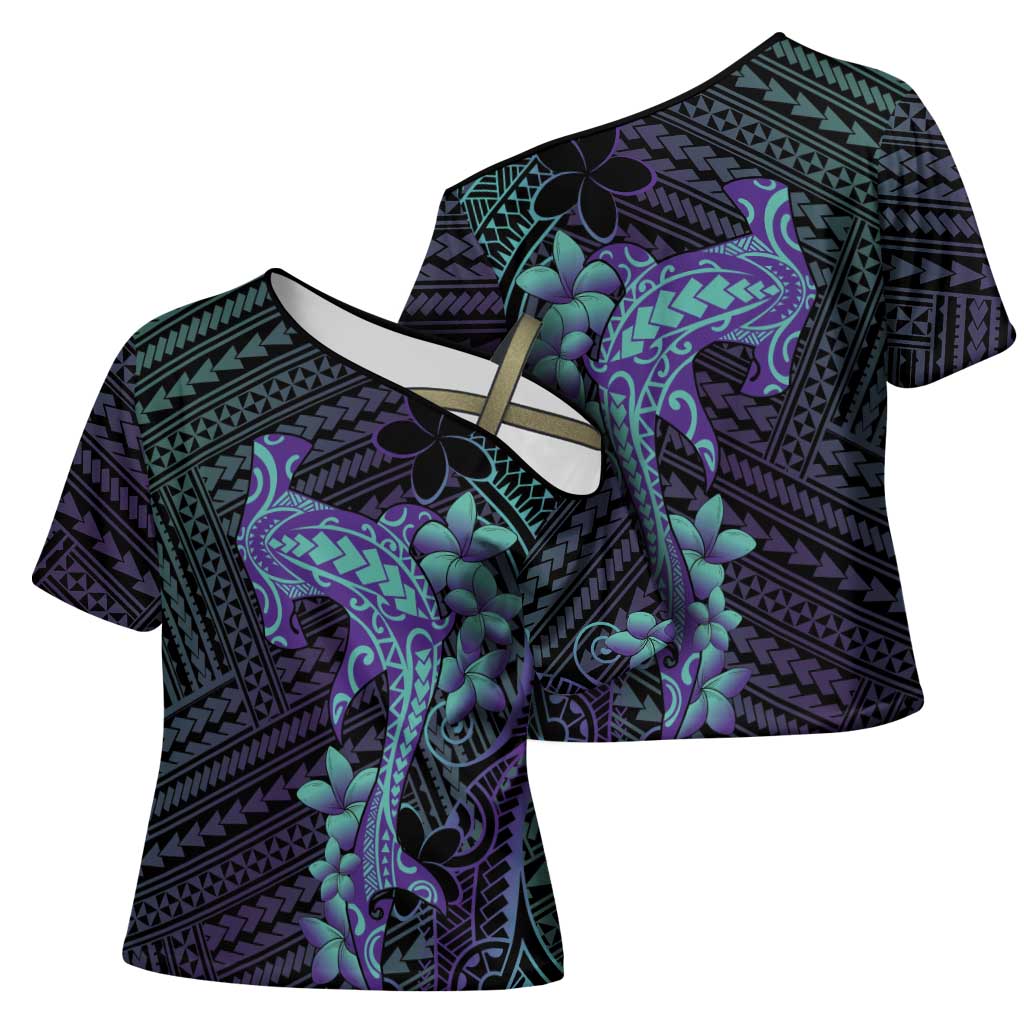 Purple Paradise Hawaii Cross Shoulder Shirt Hammerhead Shark Tattoo Curve Polynesian LT14 - Polynesian Pride