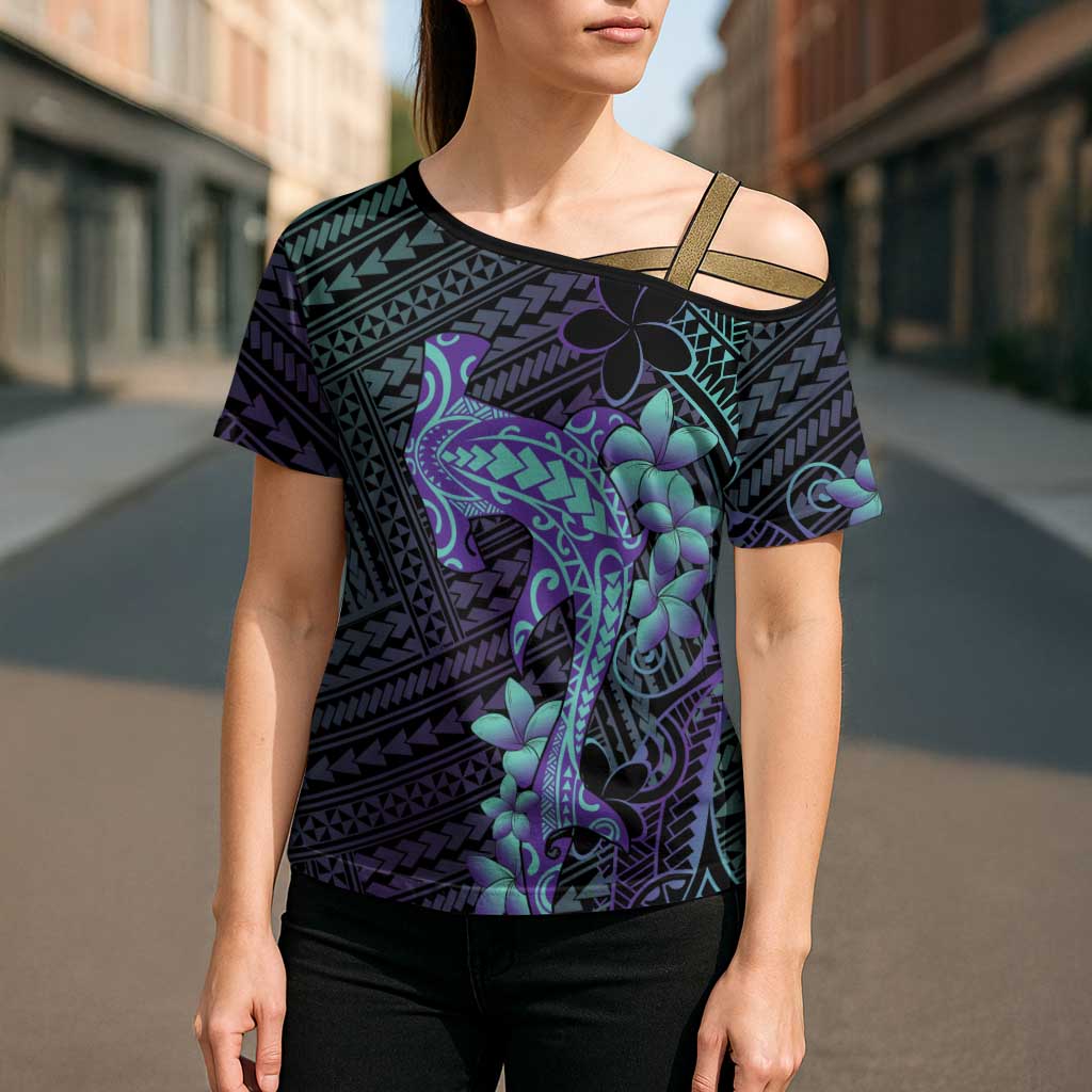 Purple Paradise Hawaii Cross Shoulder Shirt Hammerhead Shark Tattoo Curve Polynesian LT14 - Polynesian Pride