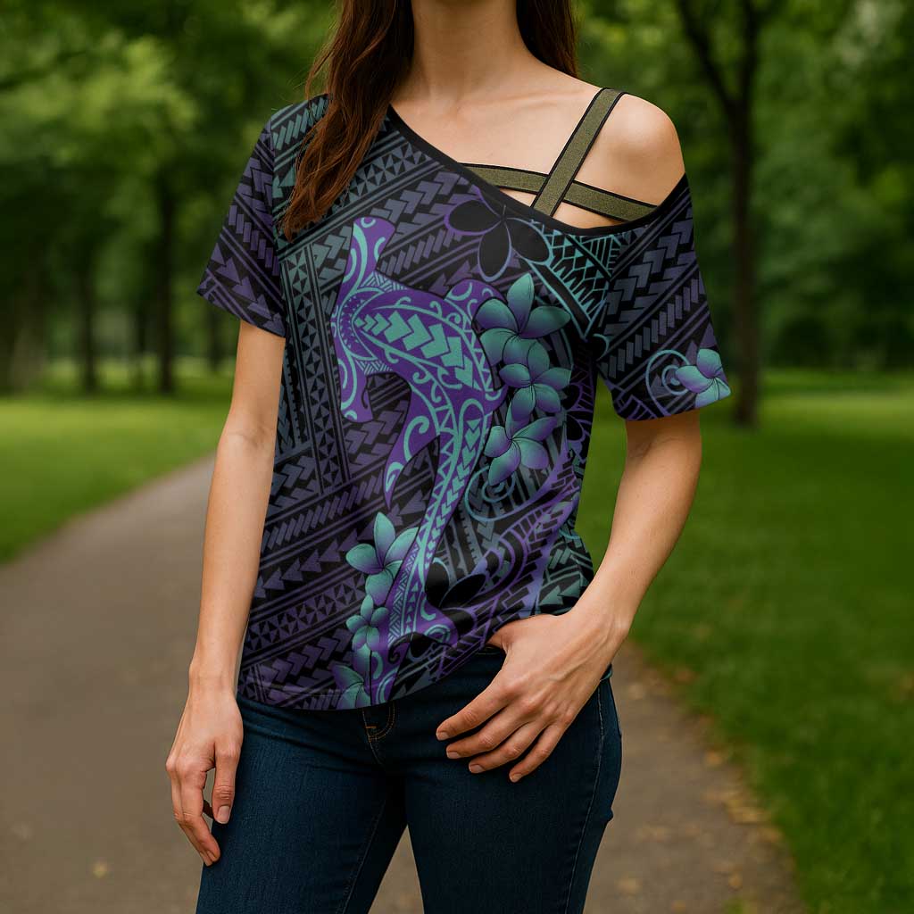 Purple Paradise Hawaii Cross Shoulder Shirt Hammerhead Shark Tattoo Curve Polynesian LT14 - Polynesian Pride