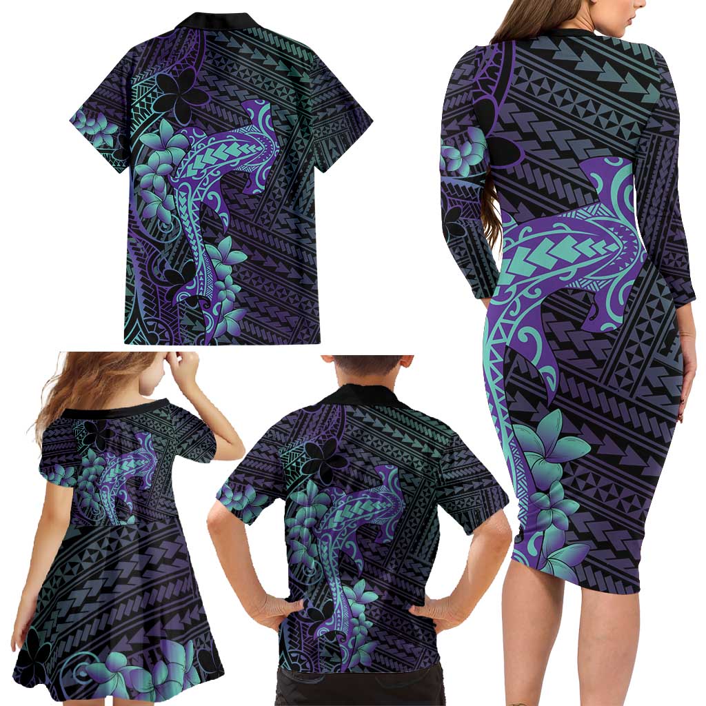 Purple Paradise Hawaii Family Matching Long Sleeve Bodycon Dress and Hawaiian Shirt Hammerhead Shark Tattoo Curve Polynesian - Polynesian Pride