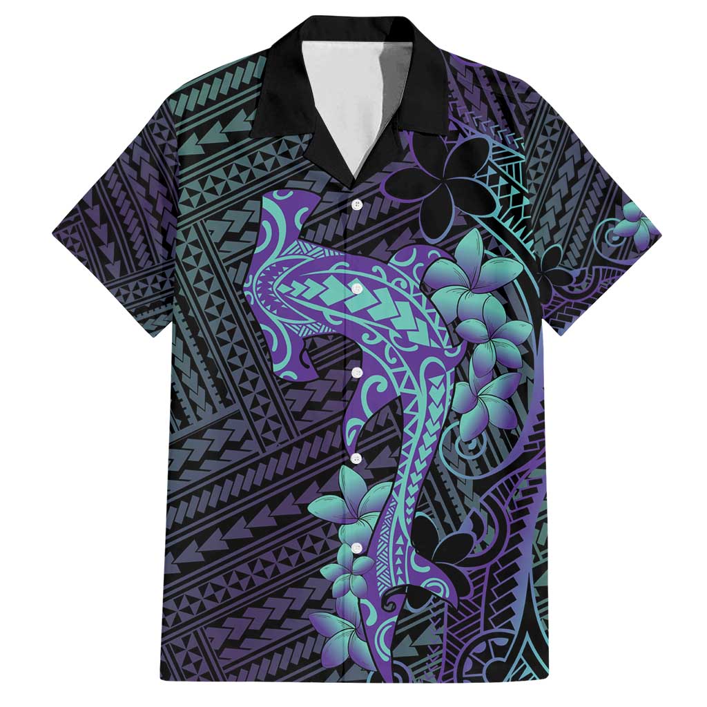 Purple Paradise Hawaii Family Matching Puletasi and Hawaiian Shirt Hammerhead Shark Tattoo Curve Polynesian LT14 Dad's Shirt - Short Sleeve Purple - Polynesian Pride