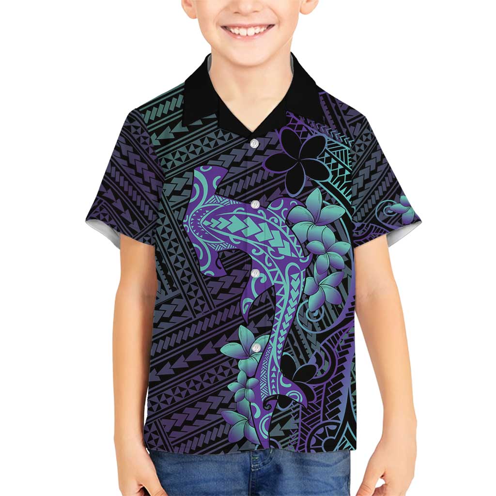 Purple Paradise Hawaii Family Matching Puletasi and Hawaiian Shirt Hammerhead Shark Tattoo Curve Polynesian LT14 Son's Shirt Purple - Polynesian Pride