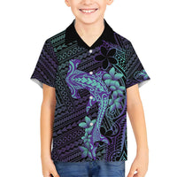 Purple Paradise Hawaii Family Matching Puletasi and Hawaiian Shirt Hammerhead Shark Tattoo Curve Polynesian LT14 Son's Shirt Purple - Polynesian Pride