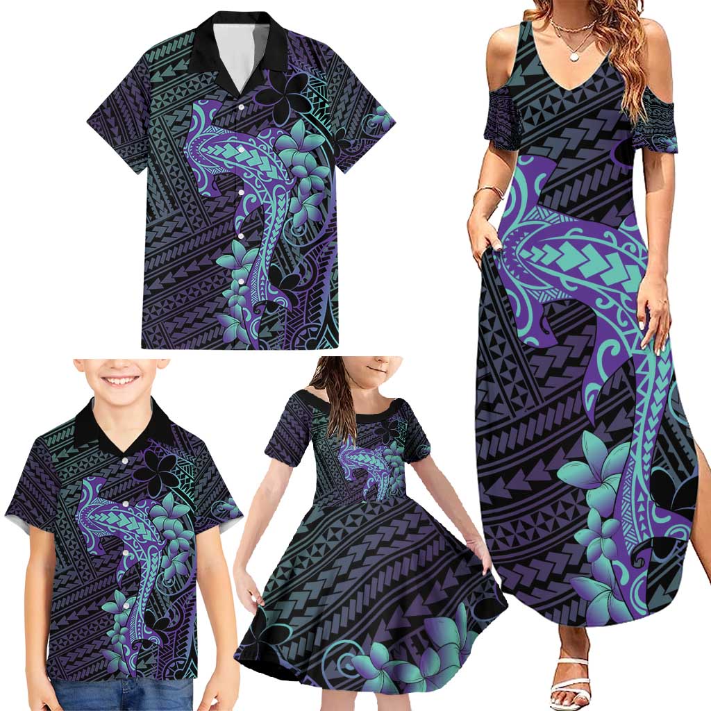 Purple Paradise Hawaii Family Matching Summer Maxi Dress and Hawaiian Shirt Hammerhead Shark Tattoo Curve Polynesian - Polynesian Pride