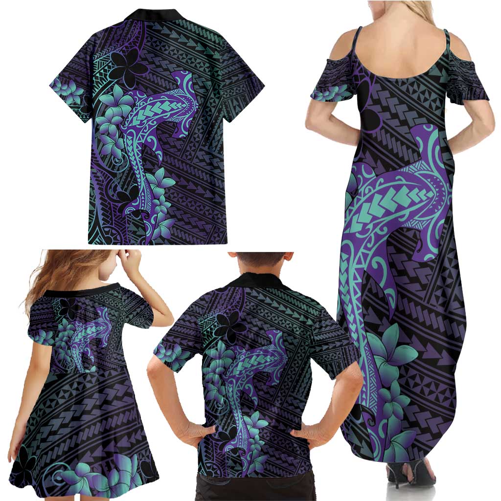 Purple Paradise Hawaii Family Matching Summer Maxi Dress and Hawaiian Shirt Hammerhead Shark Tattoo Curve Polynesian - Polynesian Pride