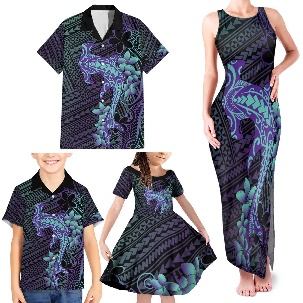 Purple Paradise Hawaii Family Matching Tank Maxi Dress and Hawaiian Shirt Hammerhead Shark Tattoo Curve Polynesian - Polynesian Pride