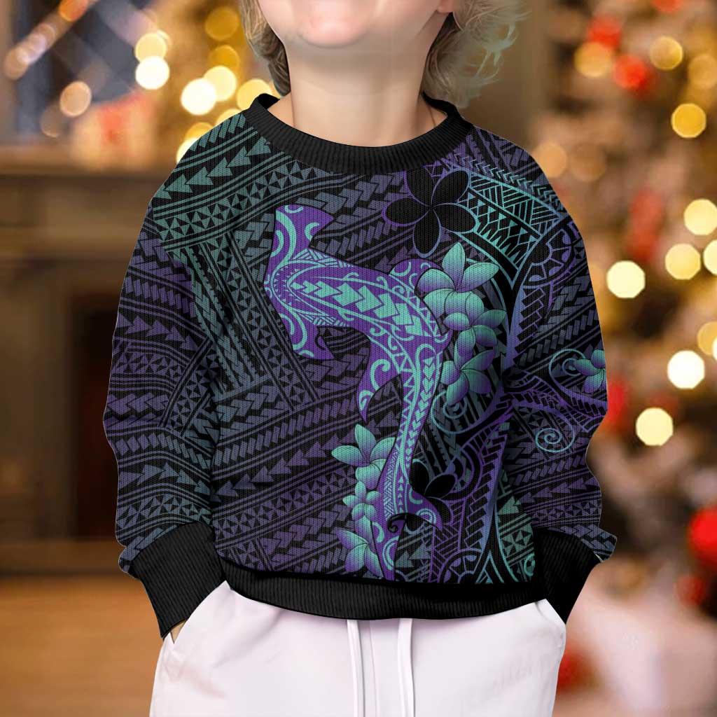 Purple Paradise Hawaii Kid Ugly Christmas Sweater Hammerhead Shark Tattoo Curve Polynesian - Polynesian Pride