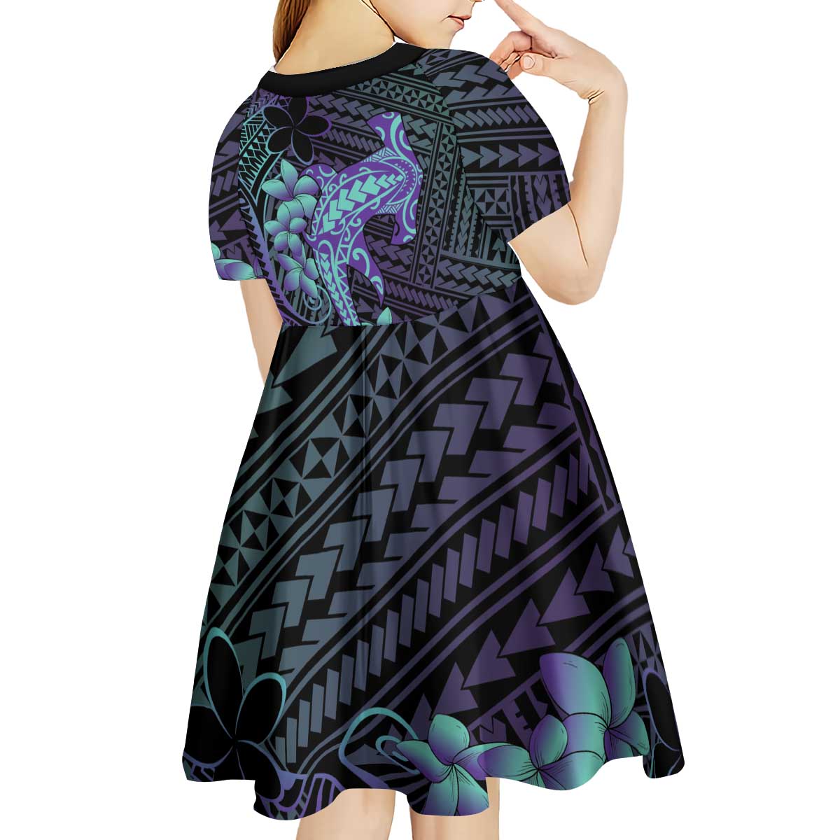 Purple Paradise Hawaii Kid Short Sleeve Dress Hammerhead Shark Tattoo Curve Polynesian - Polynesian Pride