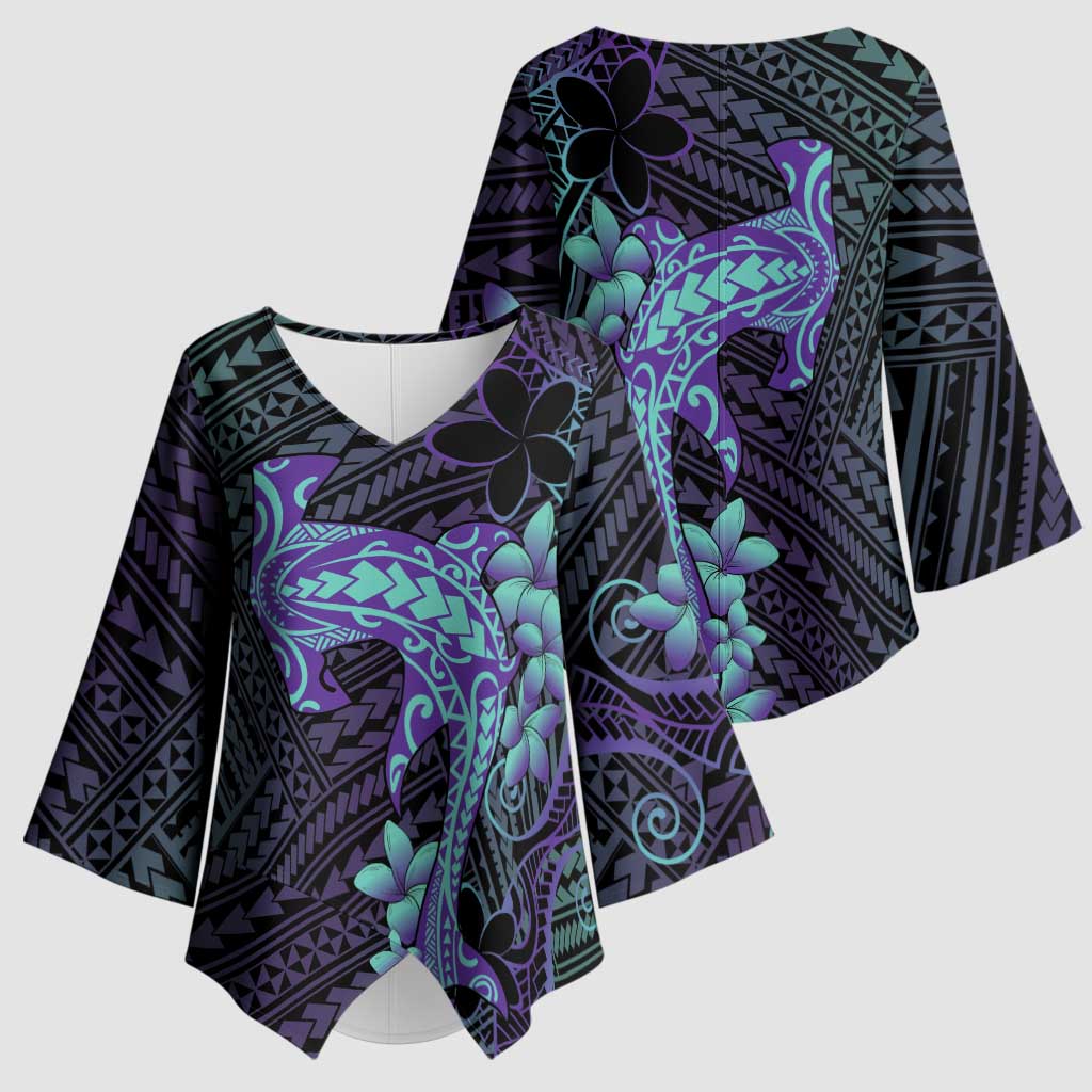 Purple Paradise Hawaii Kimono Sleeve Blouse Hammerhead Shark Tattoo Curve Polynesian LT14 - Polynesian Pride