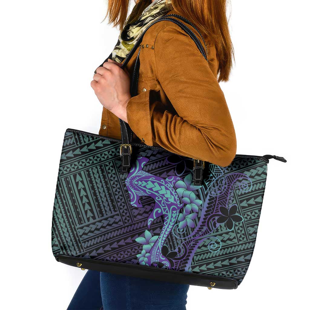 Purple Paradise Hawaii Leather Tote Bag Hammerhead Shark Tattoo Curve Polynesian - Polynesian Pride