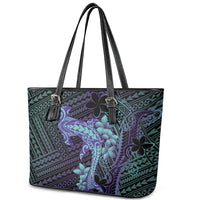 Purple Paradise Hawaii Leather Tote Bag Hammerhead Shark Tattoo Curve Polynesian - Polynesian Pride