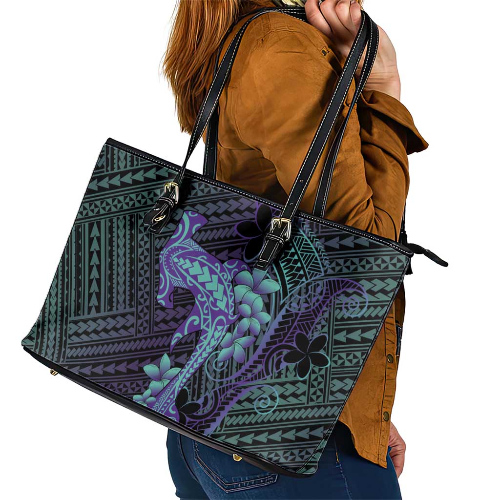 Purple Paradise Hawaii Leather Tote Bag Hammerhead Shark Tattoo Curve Polynesian - Polynesian Pride