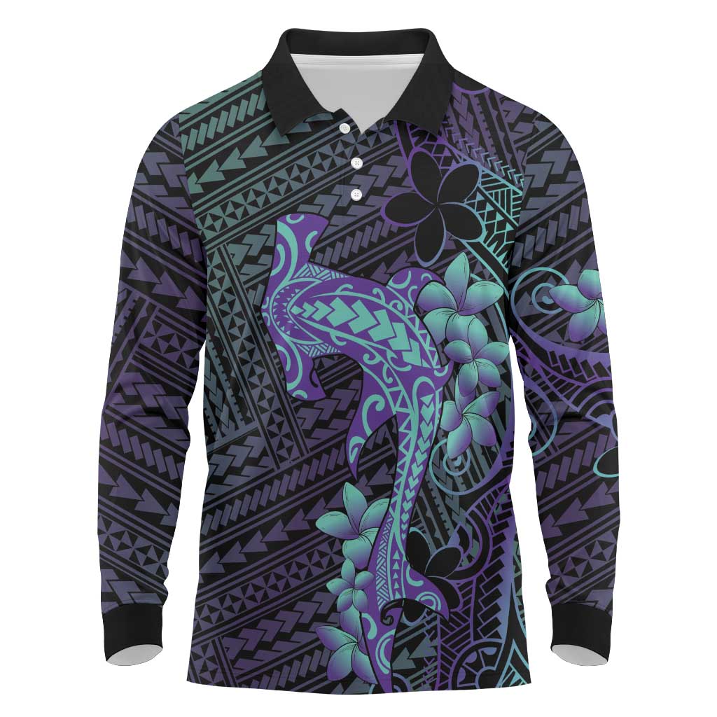 Purple Paradise Hawaii Long Sleeve Polo Shirt Hammerhead Shark Tattoo Curve Polynesian LT14 Purple - Polynesian Pride